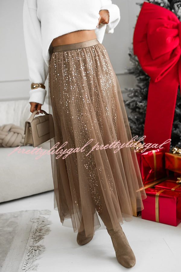 Party Daydream Sequin Tulle High Rise Elastic Waist Maxi Skirt