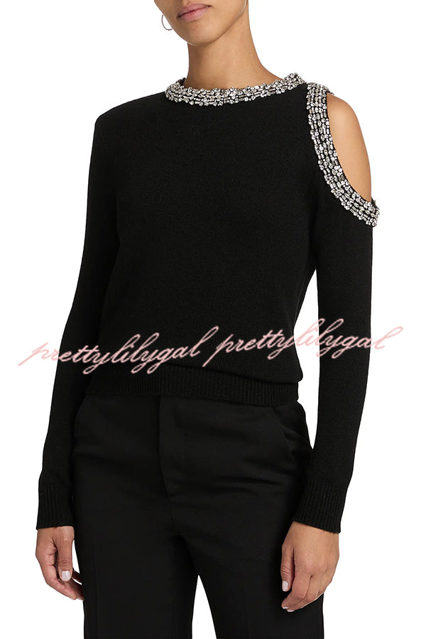Holiday Party Knit Crystal-Embellished Cut-out Shoulder Long Sleeve Top