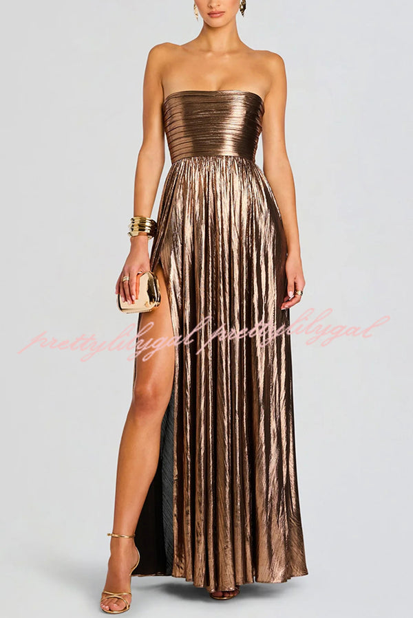 Artistic Quality Metallic Pleated Fabric Removable Straps Slit Maxi Dress