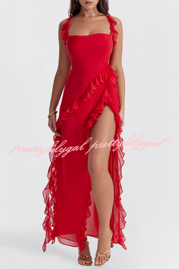 Ultra-sexy Silhouette Ruffle High Slit Lightweight Maxi Dress