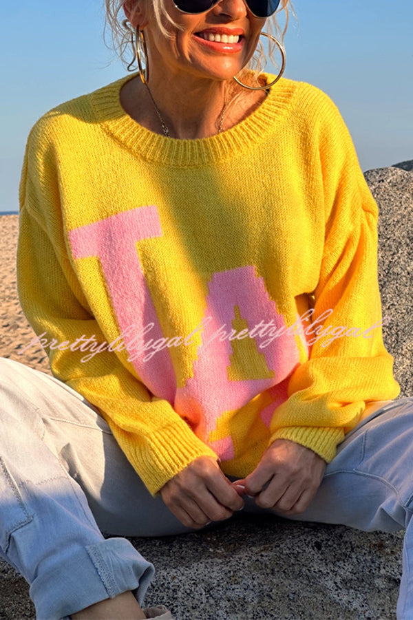 Letter Pattern Crew Neck Long Sleeve Loose Knit Sweater