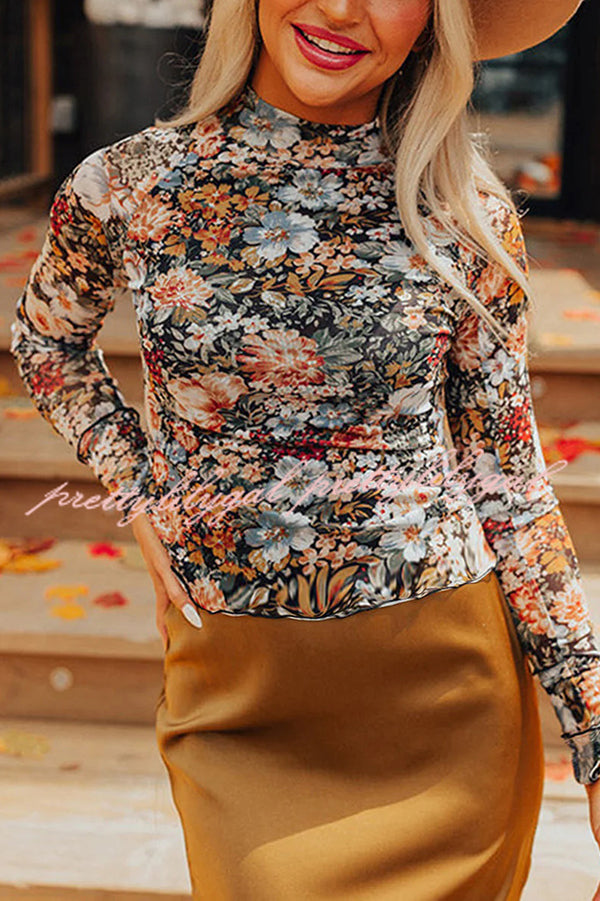 Floral Print Turtleneck Long Sleeve Stretch Bottoming Shirt