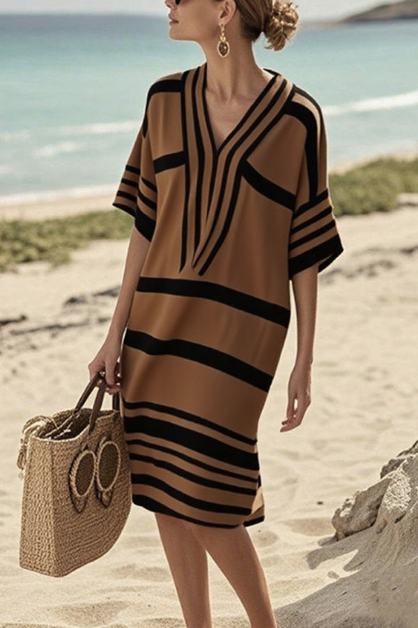 Fashion Striped Print V-neck Loose Holiday Midi Dress
