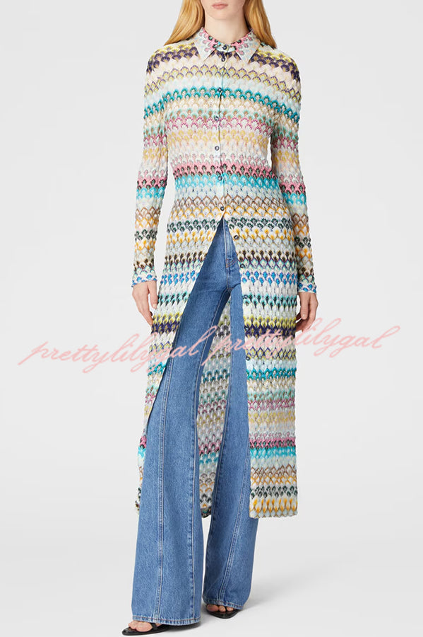 Anna Knit Colorful Herringbone Print Shirt Neck Button Long Sleeve Slim-fit Long Cardigan