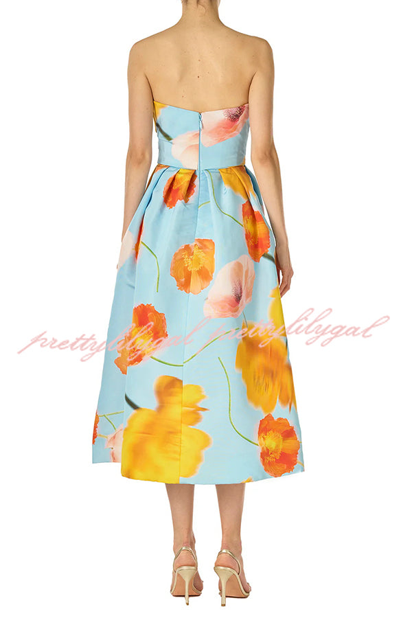Floral Print Off Shoulder Backless Elegant Midi Dress