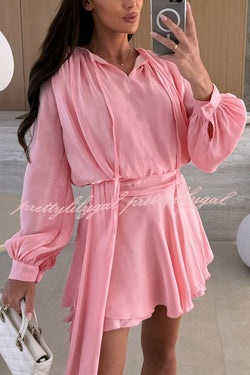Solid Color V-neck Tie Long Sleeve Waist Mini Dress