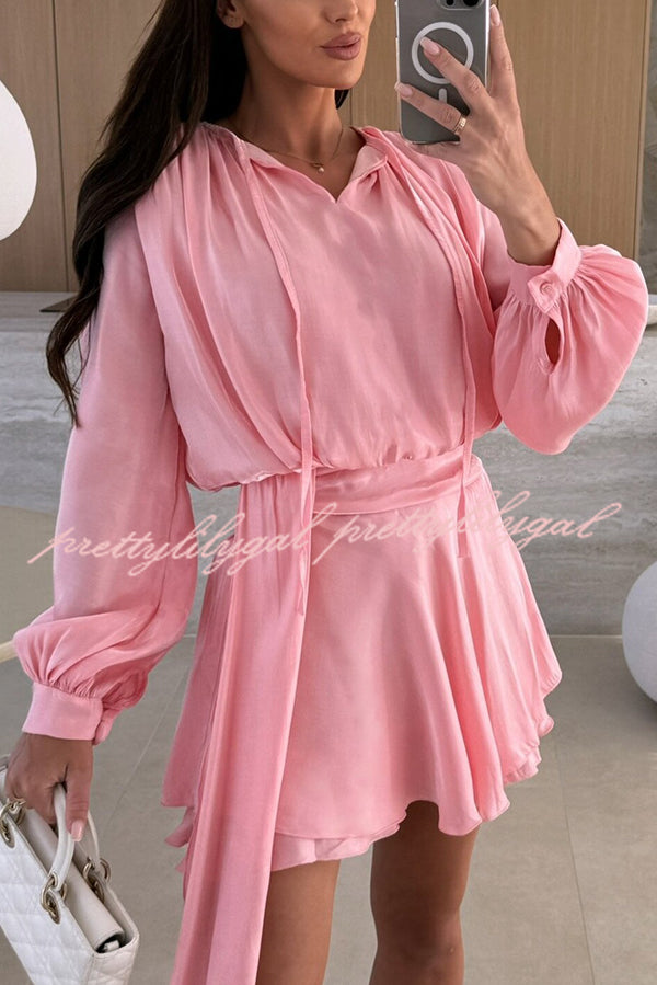 Solid Color V-neck Tie Long Sleeve Waist Mini Dress