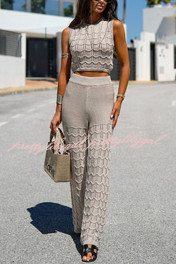 Solid Color Hollow Sleeveless Round Neck Knitted Vest and Stretch Casual Straight Pants Set