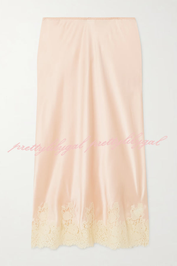 Celebration Look Contrast Color Satin Lace Trim Elastic Waist Drape Midi Skirt