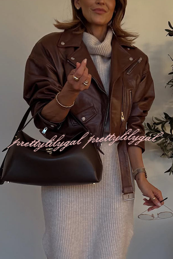 Fashion Lapel Long Sleeve Casual Zipper Pocket Leather Jacket