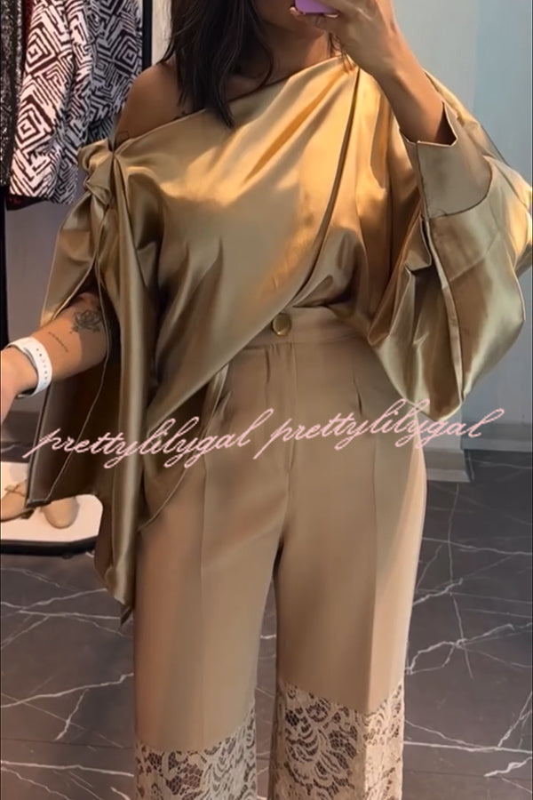 Chic Moment Satin Irregular Knot Slit Sleeve One Shoulder Loose Blouse