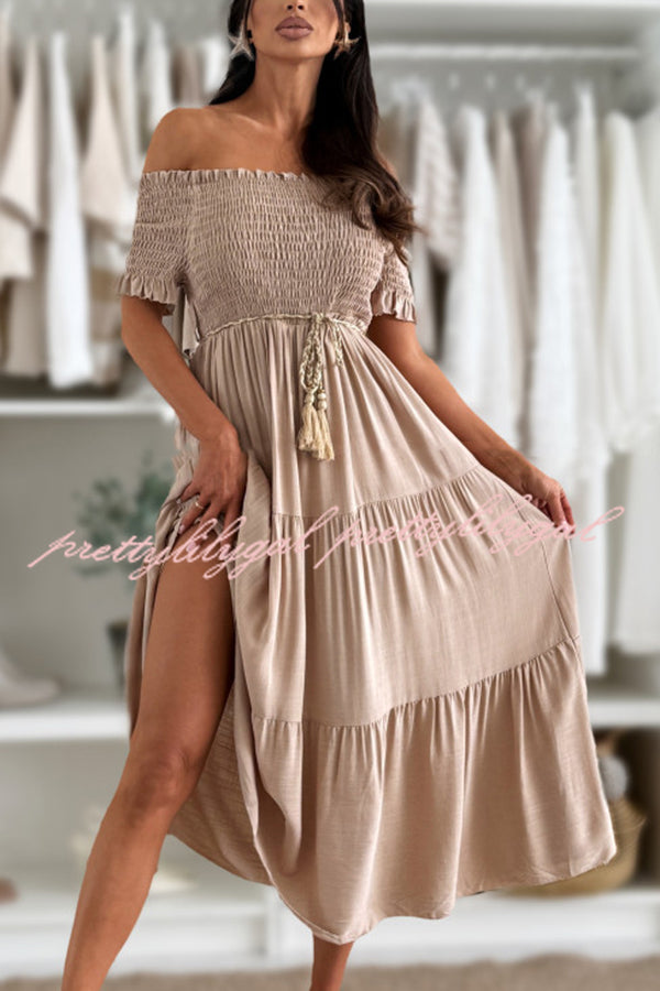 Solid Color Off-the-shoulder Pleated Waist Midi Dress