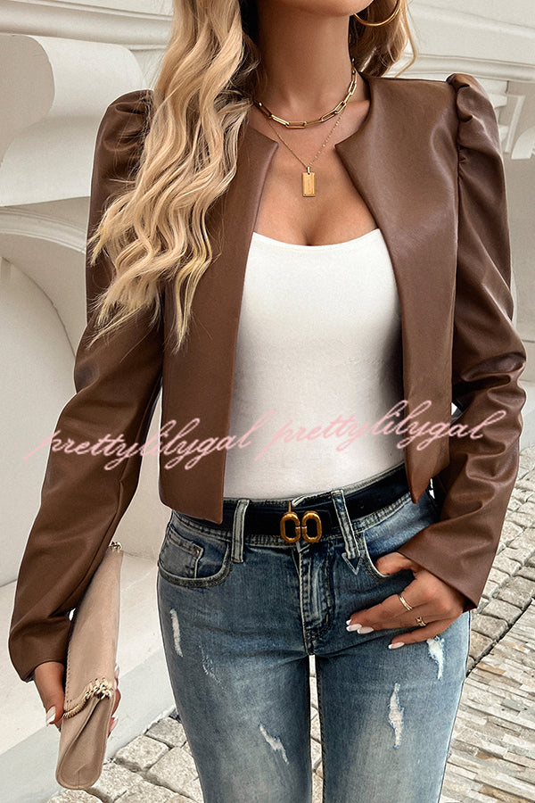 Yelissa Faux Leather Statement Long Sleeve Open Front Crop Jacket