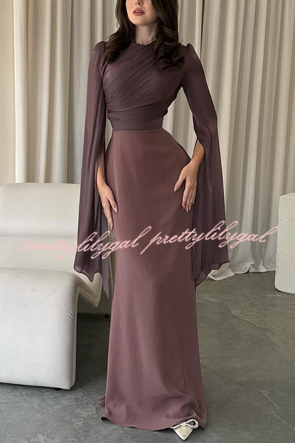 Liora Ruched Organza and Satin Patchwork Design Long Bell Slit Sleeve Maxi Dress