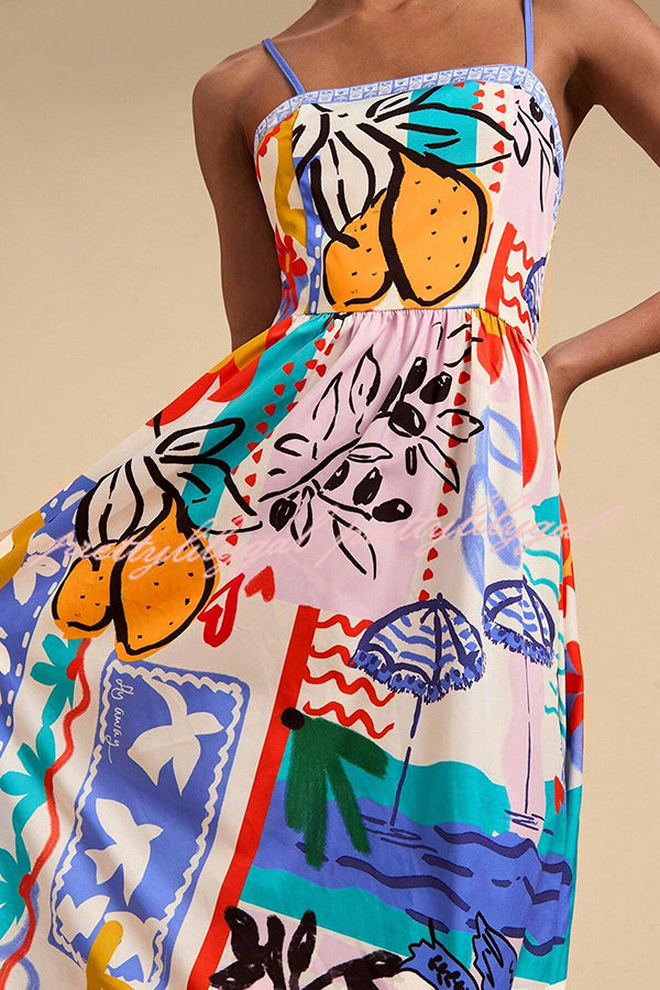 Unique Printed Sling Back Pleated Holiday Midi Dress