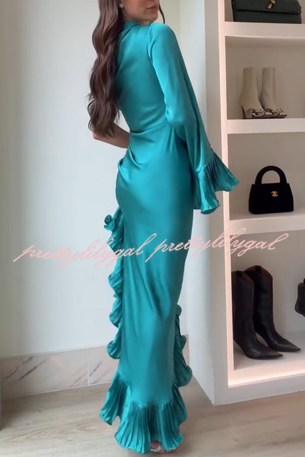 Elegant Satin One Shoulder Sleeve Pleated Ruffles Trim Ruched Asymmetrical Maxi Dress