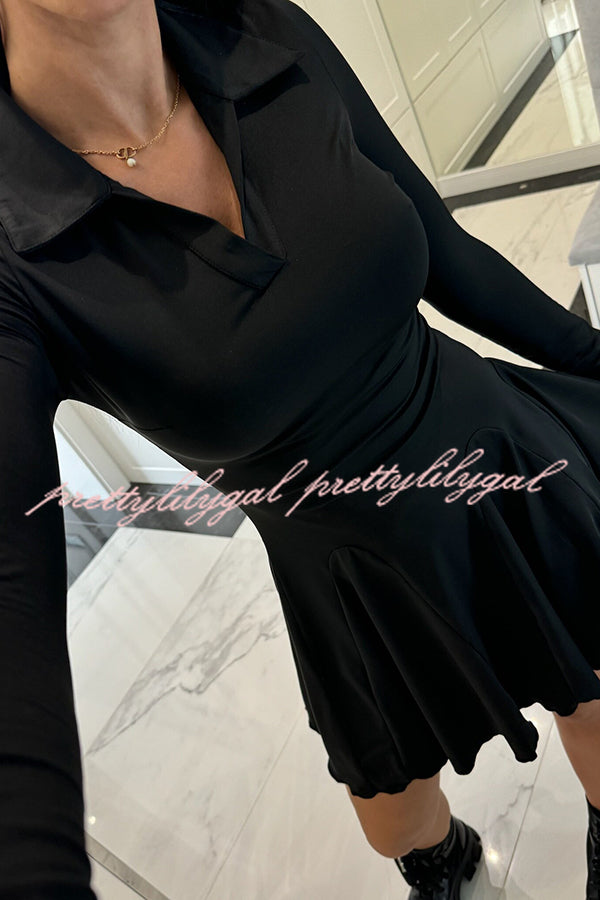 Solid Color Lapel Long Sleeve Slim Fit Waist Mini Dress