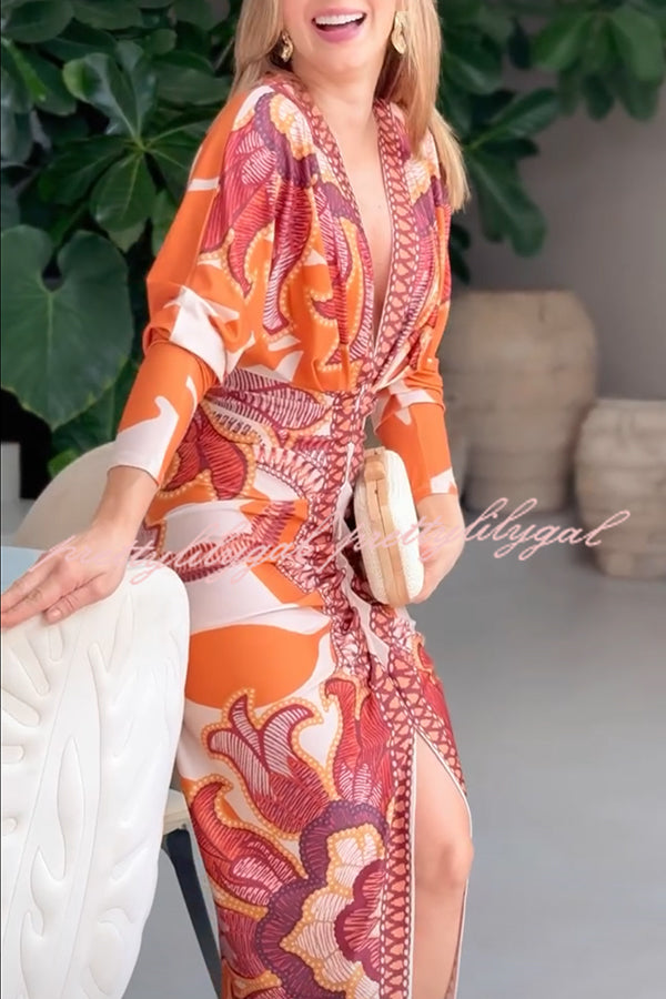 Brazilian Style Unique Print Dolman Long Sleeve Ruched Slit Midi Dress