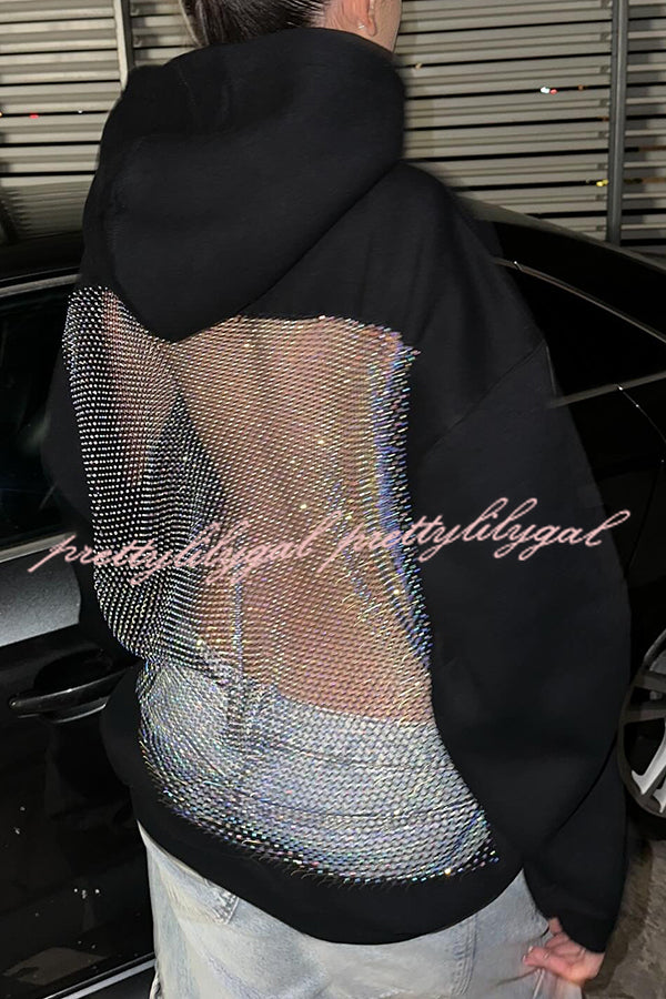 Fashionable Shiny Mesh Hollow Back Loose Long-sleeved Hooded Sweatshirt