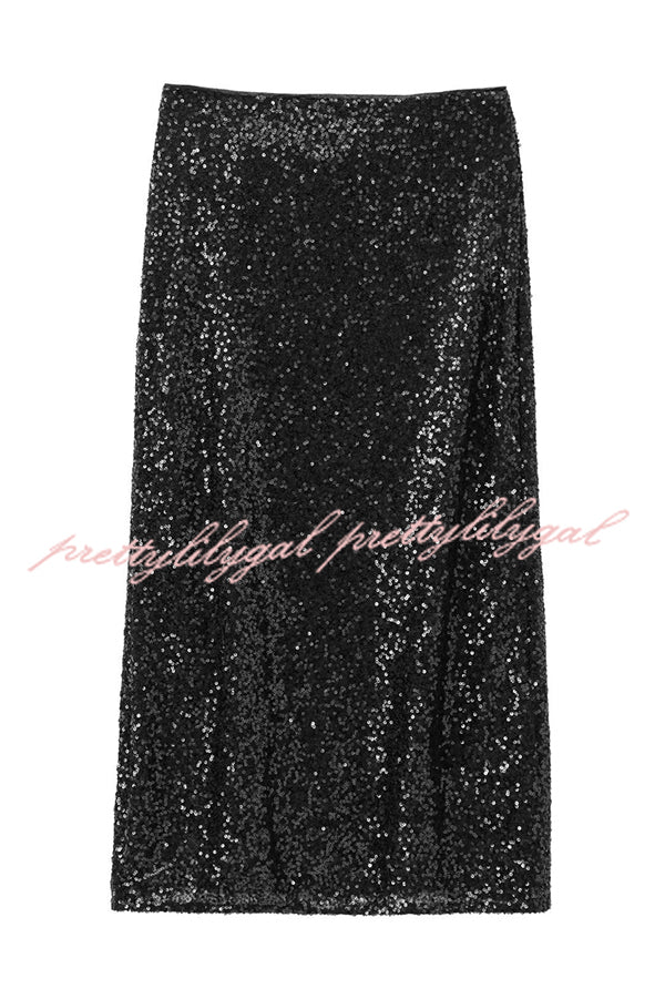 Crushing on You Sequin High Rise Wrap Tie-up Slit Midi Skirt