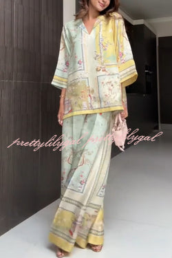 Elonie Satin Floral Print V-neck Half Sleeve Top and Elastic Waist Wide Leg Pants Set
