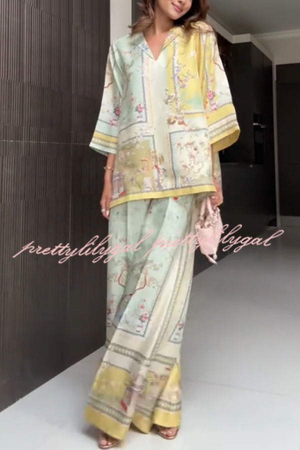 Elonie Satin Floral Print V-neck Half Sleeve Top and Elastic Waist Wide Leg Pants Set