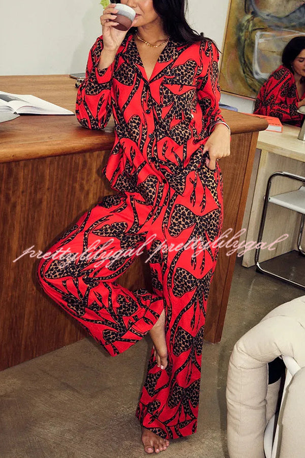 Stylish Colorblock Leopard Print Loose Shirt and Elastic Waist Pocketed Pajama Set