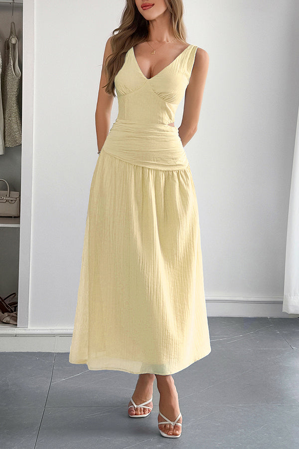 Solid Color V-neck Sleeveless Waist Hollow Out Maxi Dress
