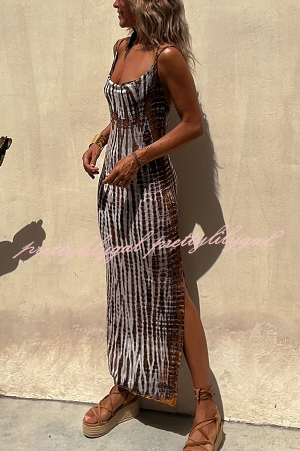 An Inspiration Tie-dye Print Double Shoulder Strap Stretch Maxi Dress