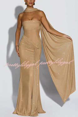 Paula Sequined Mesh and Jersey Off Shoulder Ruched Knot Drape Shawl Maxi Dress