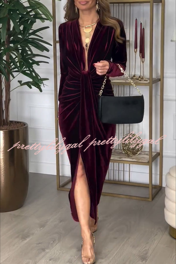 Creating Romance Velvet Ruched Drape Long Sleeve Stretch Maxi Dress