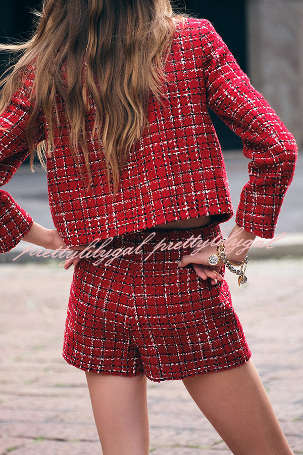 Tweed Plaid Textured Long-sleeved Casual Pocket Jacket