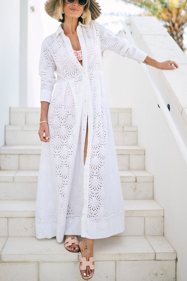 Summer Elegance Lace Eyelet Button Up Long Sleeve Shirt Maxi Dress