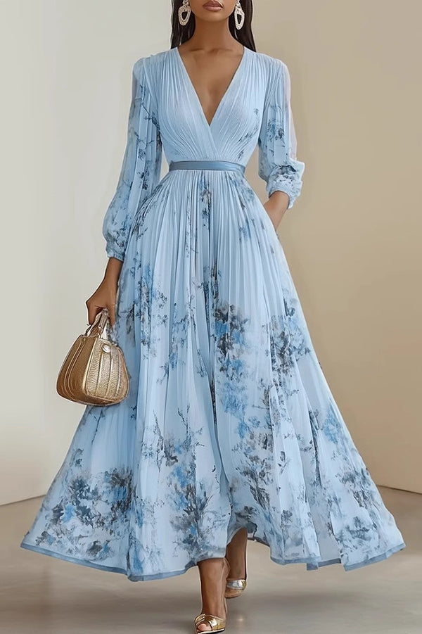 Unique Printed V-Neck Long Sleeve Bow Tie Waist Holiday Maxi Dress Unique Printed V-Neck Long Sleeve Bow Tie Waist Holiday Maxi Dress