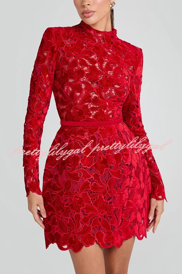 Lydia Embroidered Floral Lace Long Sleeve Belt Tulip Shaped Mini Dress