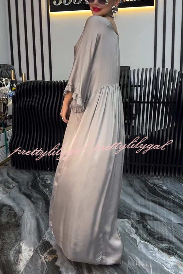 Satin Solid Color V-neck Lotus Leaf Sleeve Loose Pleated Maxi Dress