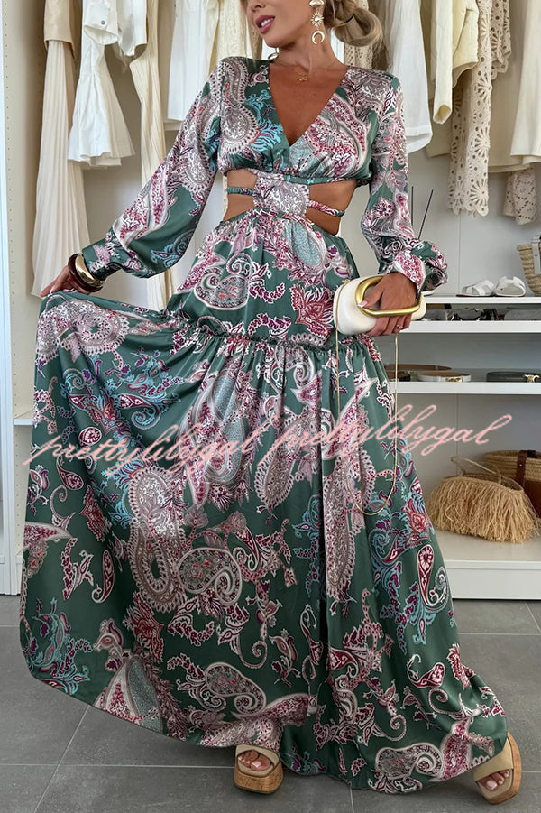 Gabbie Satin Paisley Print Cutout Elastic Waist Long Sleeve Full Hem Maxi Dress