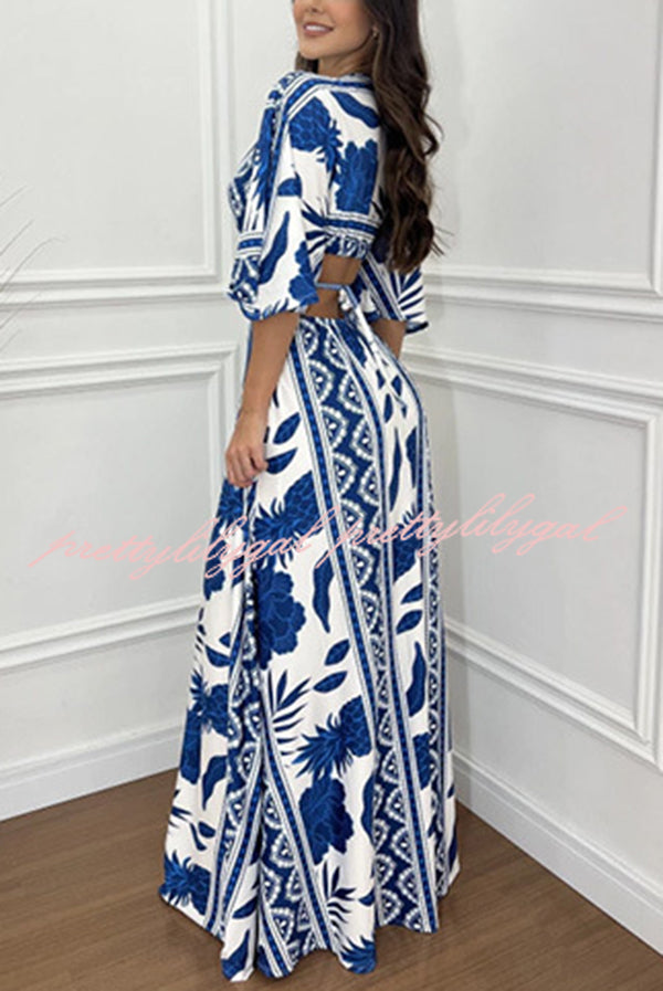 Wilma Unique Print Cutout Elastic Waist Tie-up Kimono Sleeve Maxi Dress