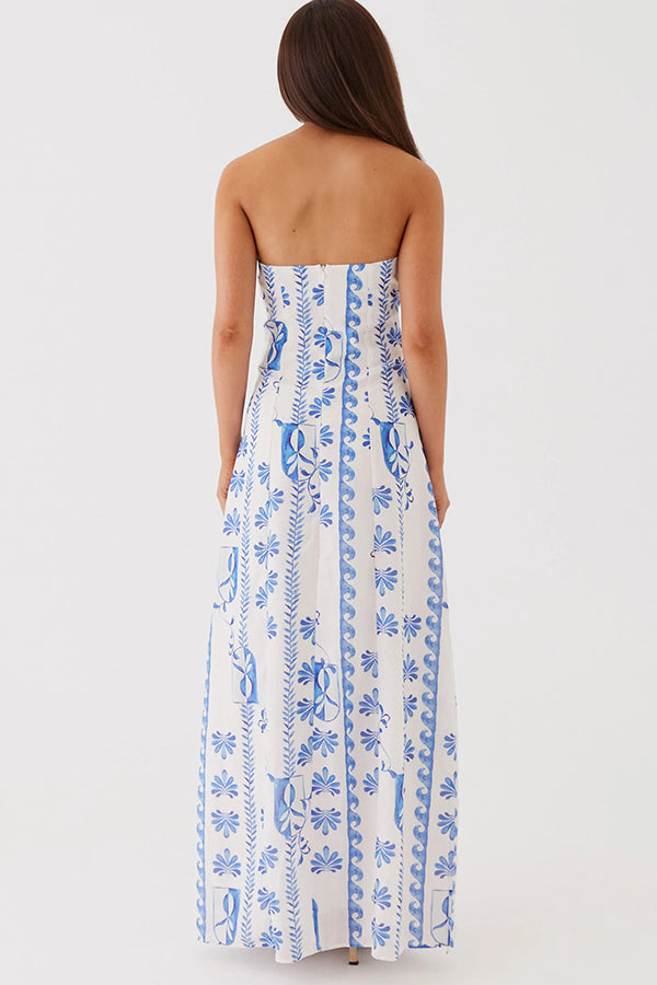 Freya Linen Blend Floral Wave Print Ruched Bust Strapless Maxi Dress   prettylilygal