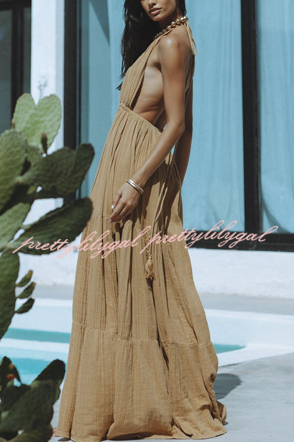 Laelia Linen Blend Halter Backless Slit Cover Up Maxi Dress