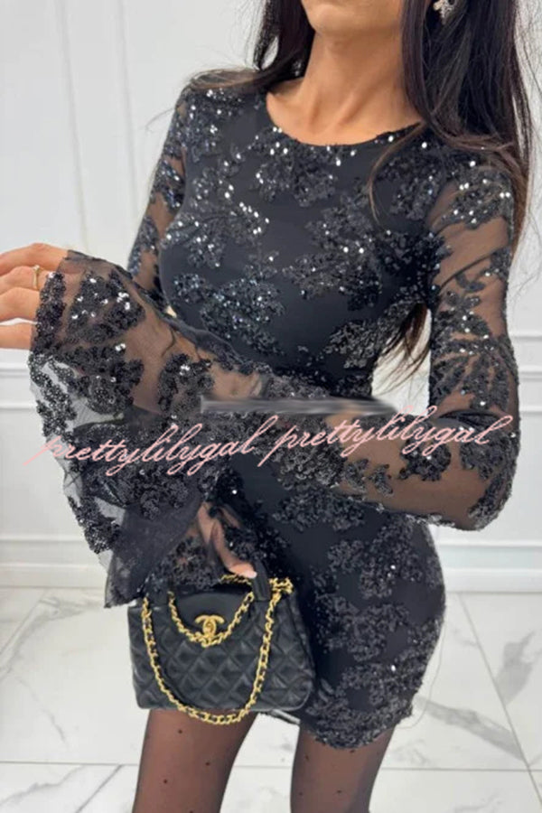 Deep and Dazzling Floral Texture Sequin Long Bell Sleeve Open Back Mini Dress