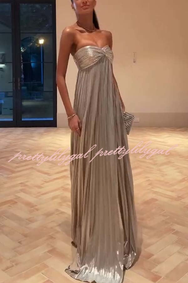 Night Elf Metallic Fabric Pleated Off Shoulder Twist Bust Slit Maxi Dress