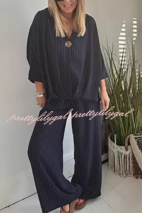 Fashion Striped Print Lapel Loose Top and Elastic Waist Casual Wide-leg Pants Set