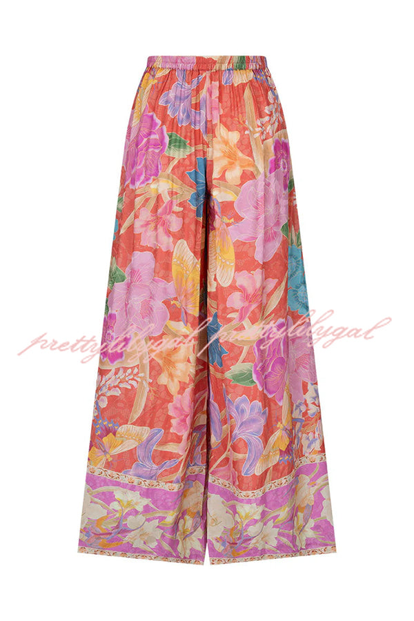 Painter's Garden Boho Floral Print  Elastic Waist Pocketed Wide Leg Pants