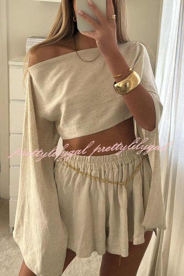 Mae Linen Blend Cropped Wide Sleeved Top and Elastic Waisted Shorts Set