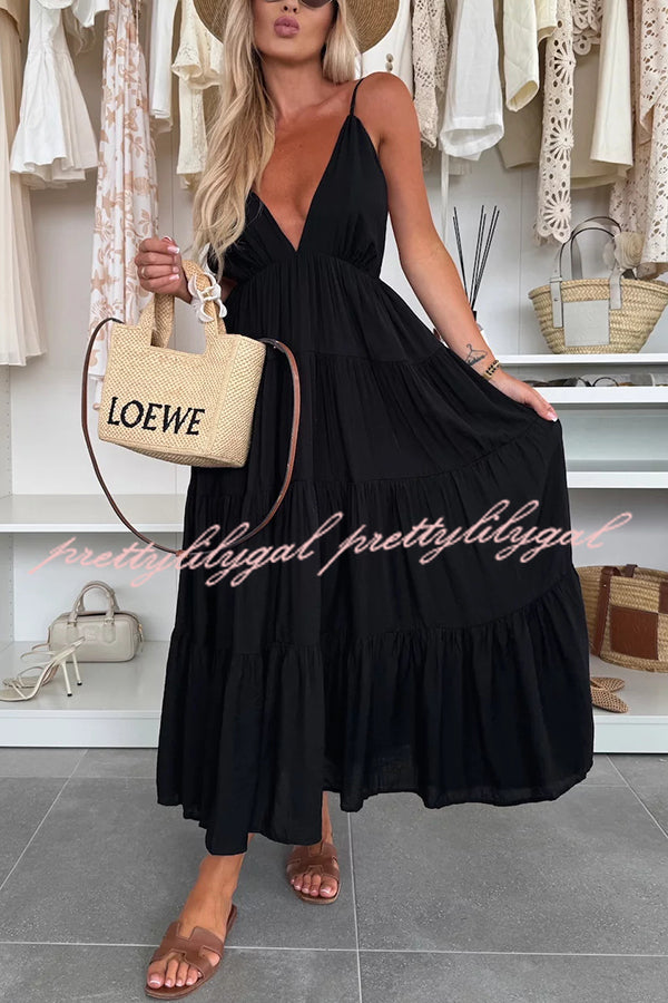 Bohemian Style V-neck Backless Slip Layered Vacation Maxi Dress