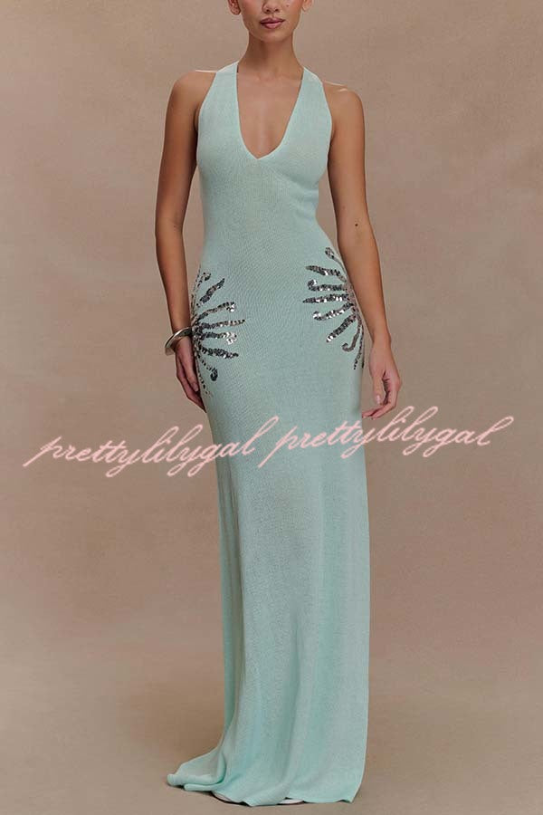 Sparkling Nights Knit Sunburst Sequin Detail Back Cross Straps Stretch Maxi Dress