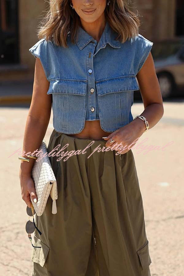 Stylish Weekend Denim Button Up Cape Sleeve Pocket Crop Top
