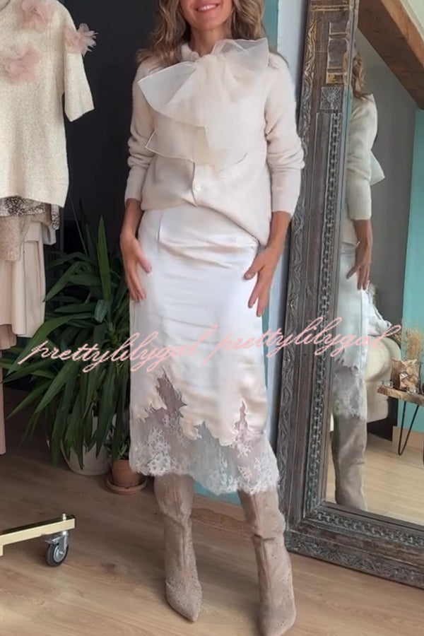 Lola Satin Lace Trim High Rise Side Zipper Loose Midi Skirt