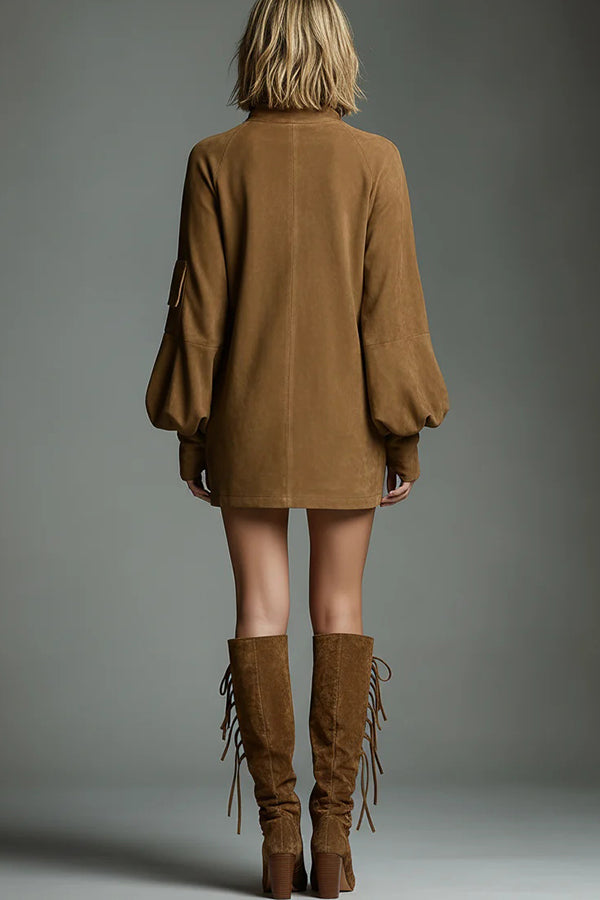 Stylish Suede High-Neck Long-Sleeved Casual Pocket Mini Dress